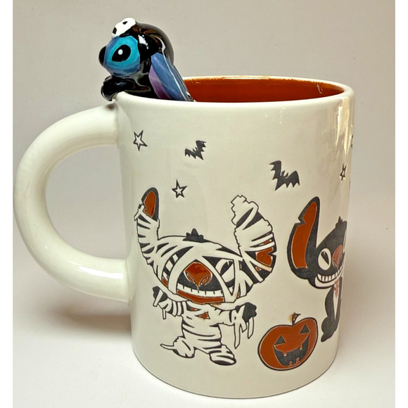XL Disney Lilo & Stitch Halloween Peeking Coffee Mug Cup Pumpkins Mummy Zrike - Picture 1 of 6